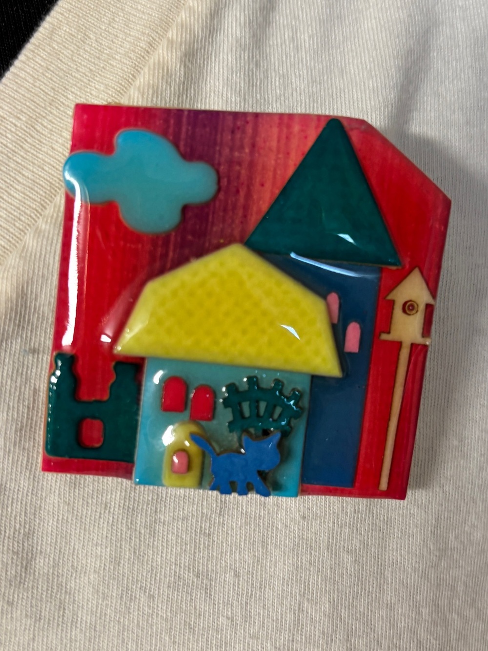Vintage House Pins by Lucinda colorful Brooch Pin Red, Yellow, Blue with dog